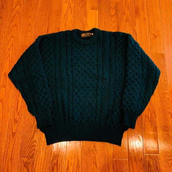 Country Knitwear Irish Wool Sweater Cable Knit Large Green Made In Ireland - Picture 10 of 16